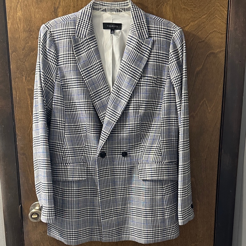 Talbots Women's Plaid Blazer in Black, White, and Blue